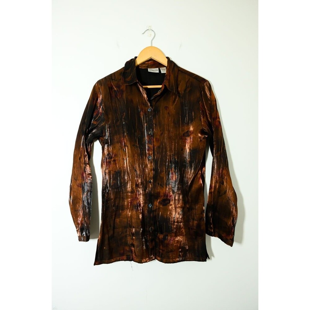 Chico's Button down Shirt 1 Medium Brown abstract artsy Satin
